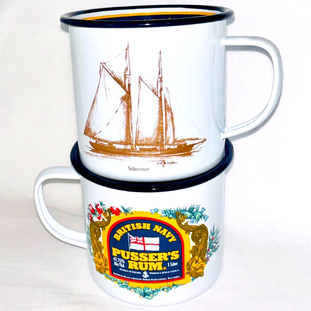 Pusser’s Rum Enamel Tin Cup Pair British Navy Virgin Islands Map Ship Schooner